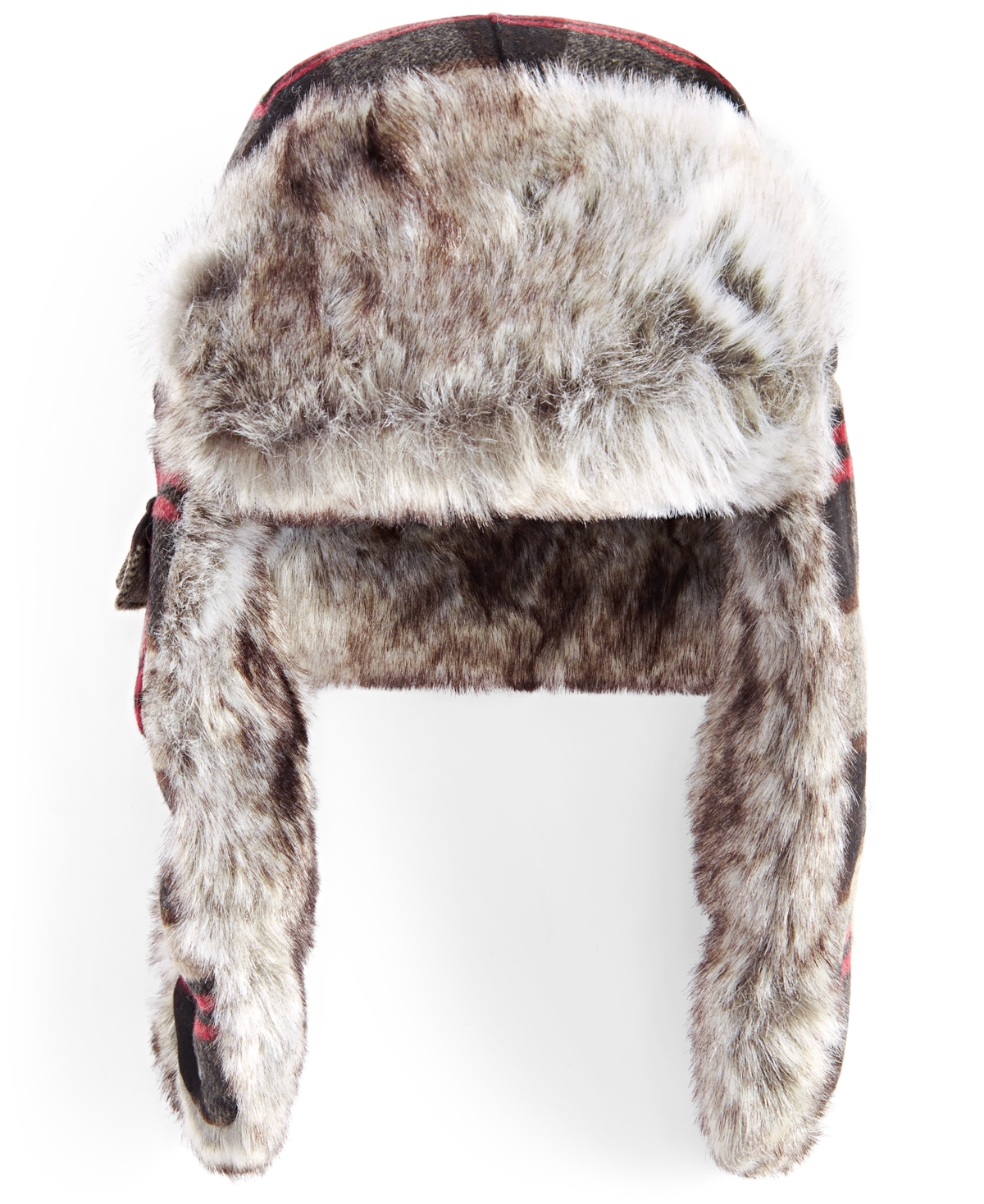 Men's Plaid Trapper Hat with Faux-Fur Lining & Trim - Red/Grey