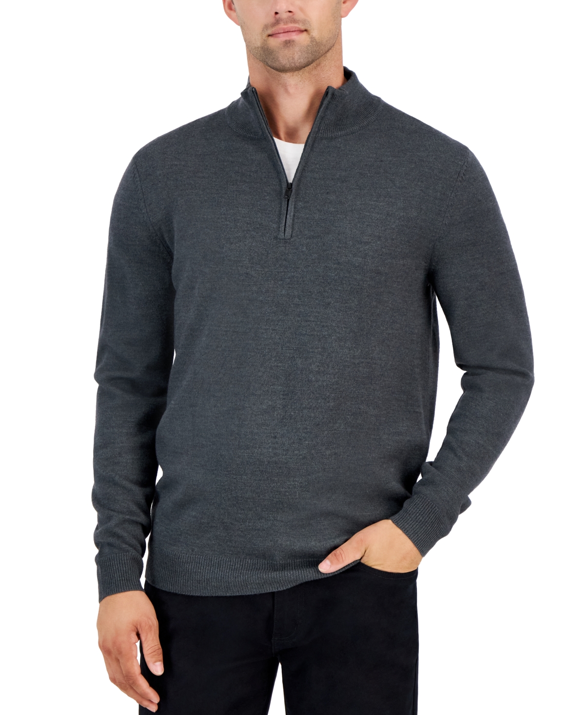 Alfani Men's Long-sleeve Half-zip Merino Sweater, Created For Macy's In Dark Lead Heather