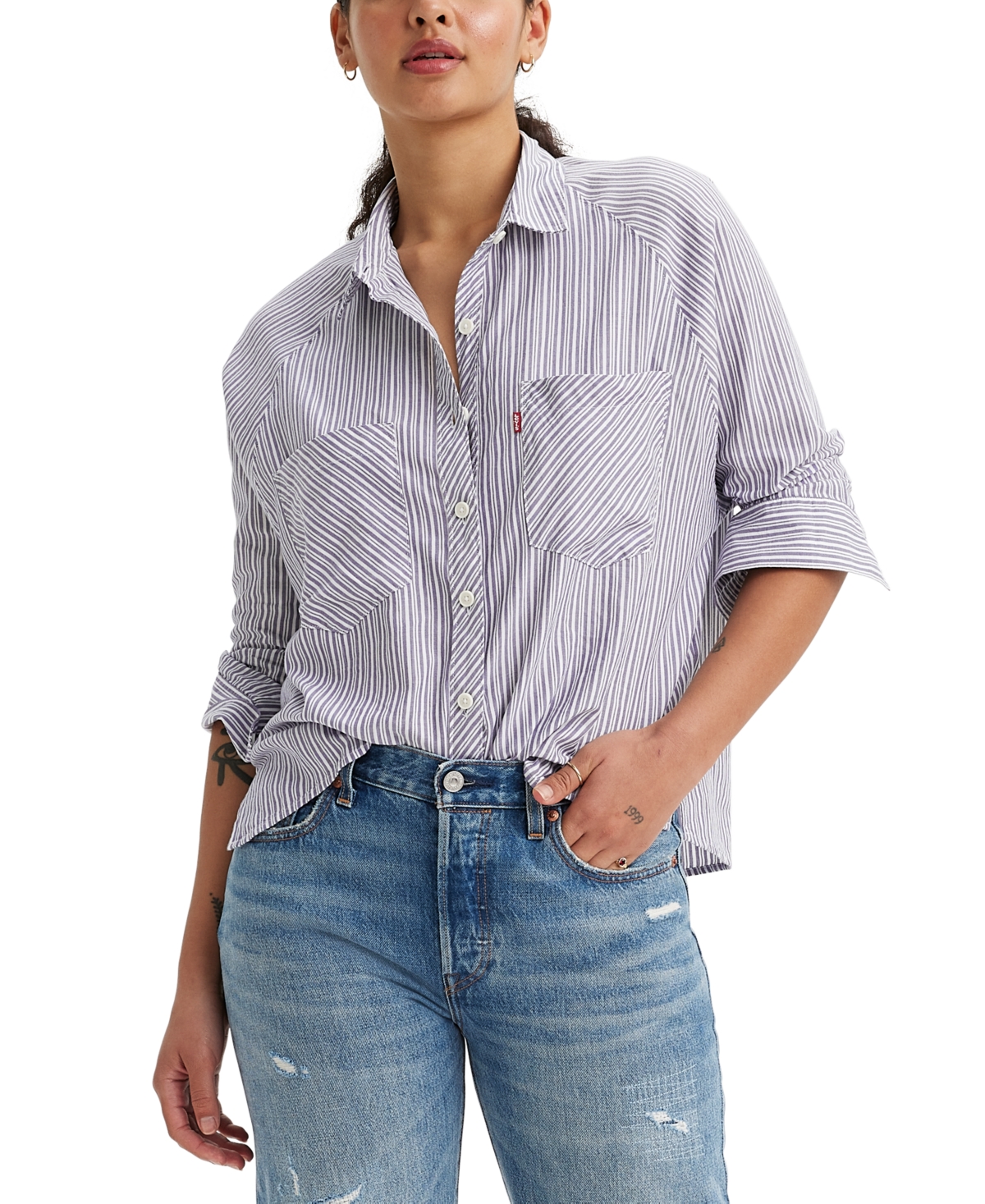 Women's Harrison Long-Sleeve Cotton Raglan Shirt - Persephone Stripe Crown Blue