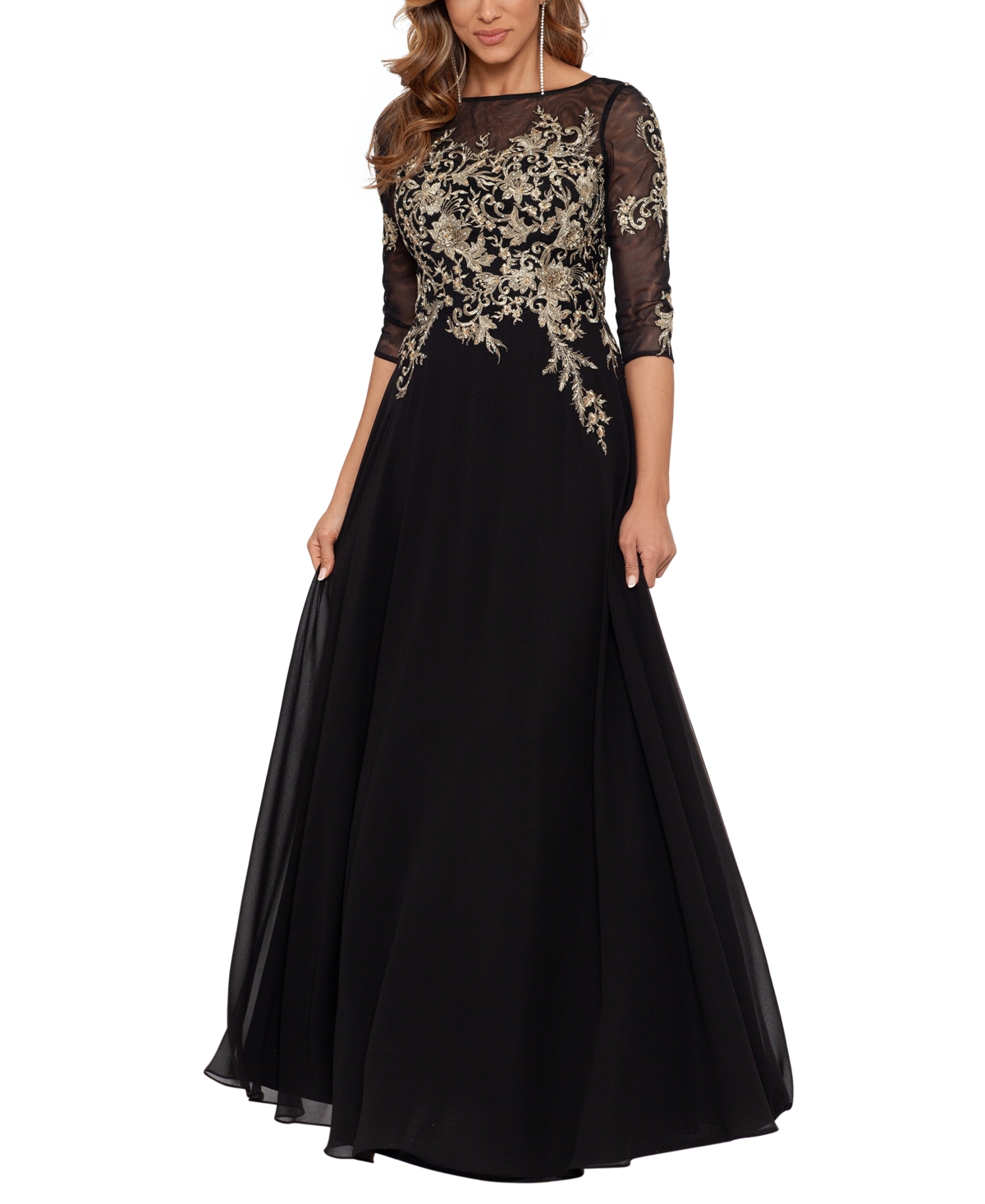 Betsy & Adam Petite Floral-embroidered Mesh Gown In Black/gold