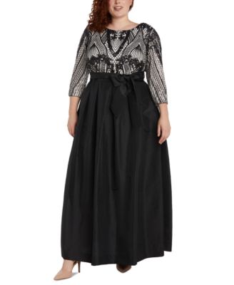 R M Richards Plus Size Sequined-Bodice Bow-Front Taffeta Gown