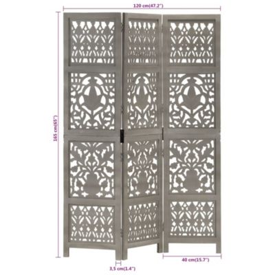 Hand Carved 3-Panel Room Divider Gray 47.2"x65" Solid Mango Wood