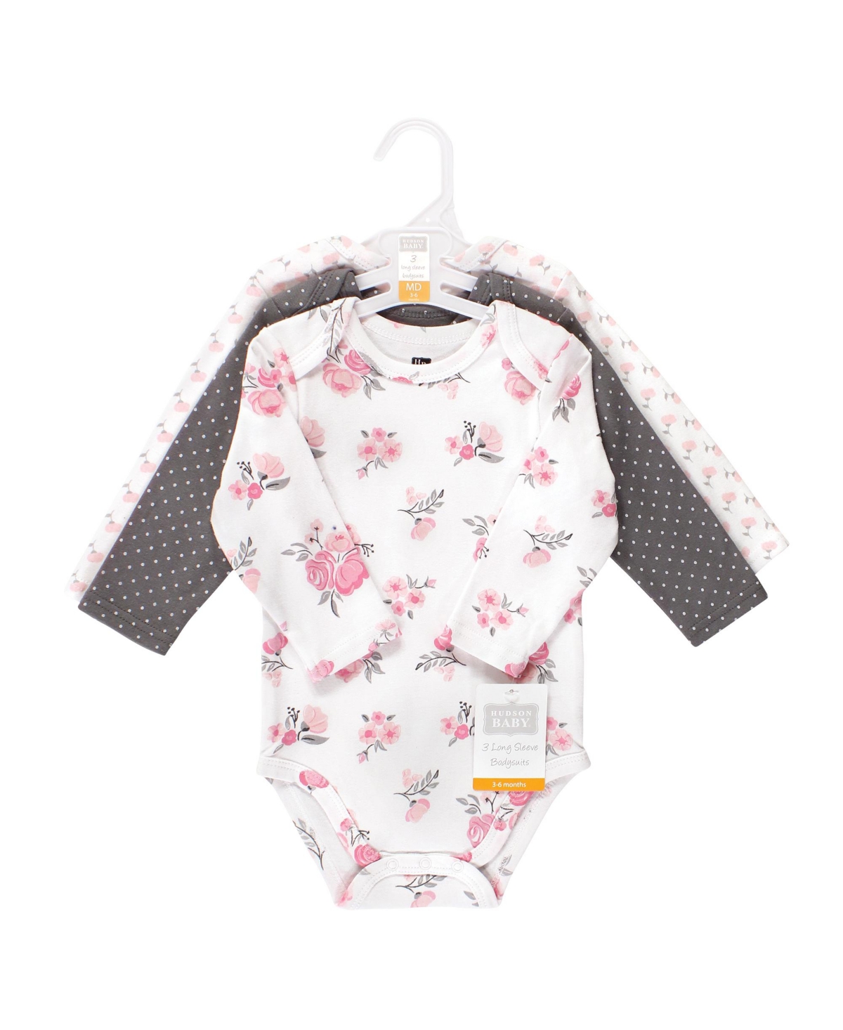 Hudson Baby Baby Girls Cotton Long-Sleeve Bodysuits, 3-Pack - Basic pink floral