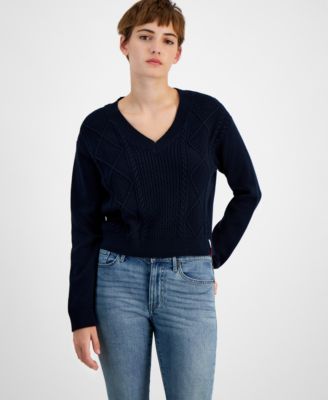 Tommy Jeans Women s V Neck Cable Knit Sweater Macy s