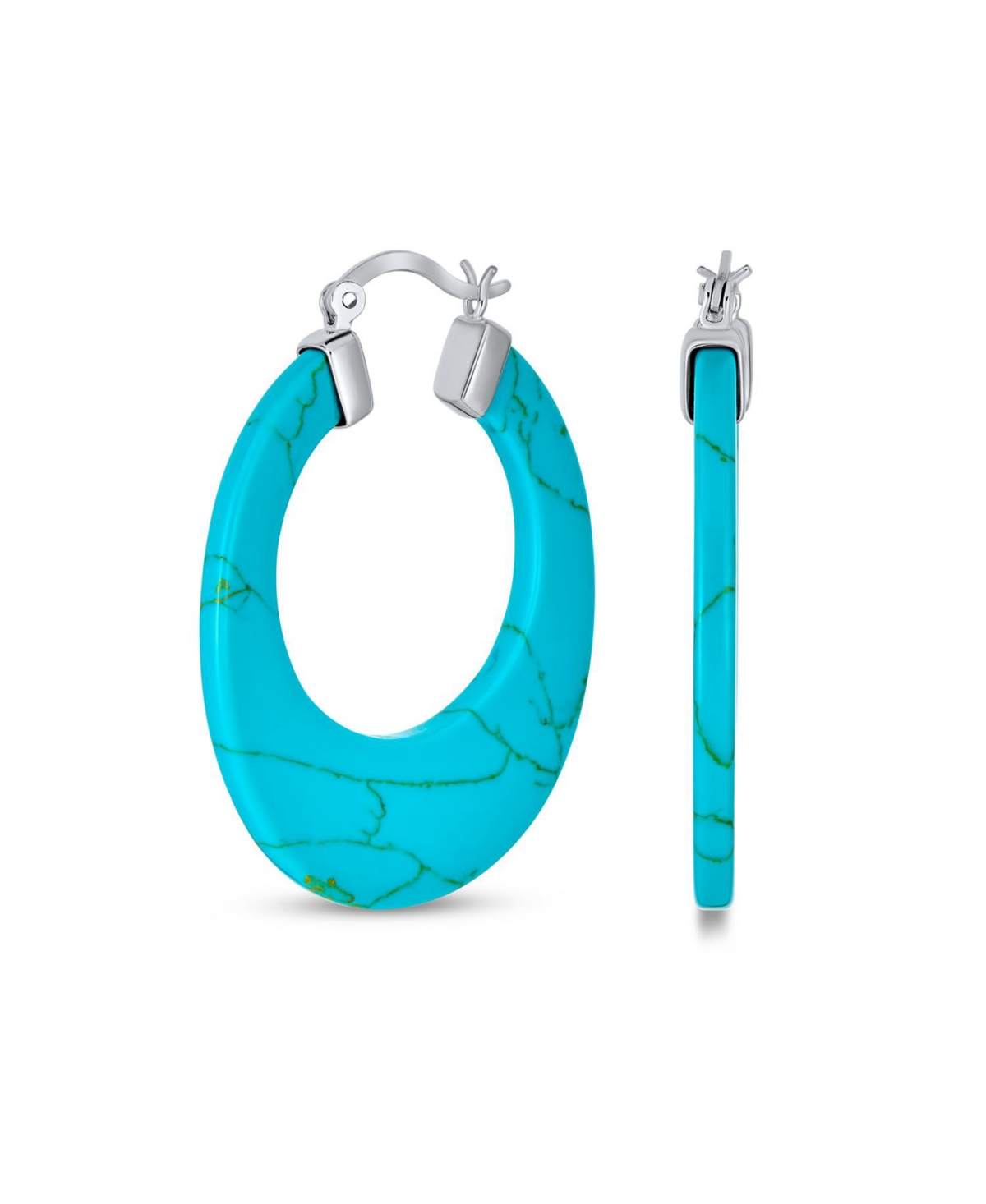 Bling Jewelry Wide Flat Stone Large Oval Hoop Earrings Sterling Silver 1.5 Inch Diameter