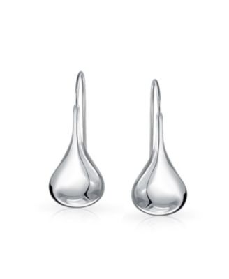 Simple Plain Puffed Teardrop Pear Shaped Rain Drop Earrings Fishhook Threader Polish Sterling Silver 1.5 Inch