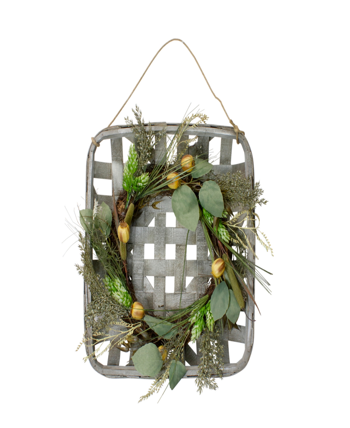 Northlight 16" Autumn Harvest Green Hop And Cattail Grapevine Wreath In A Wooden Tray Hanger