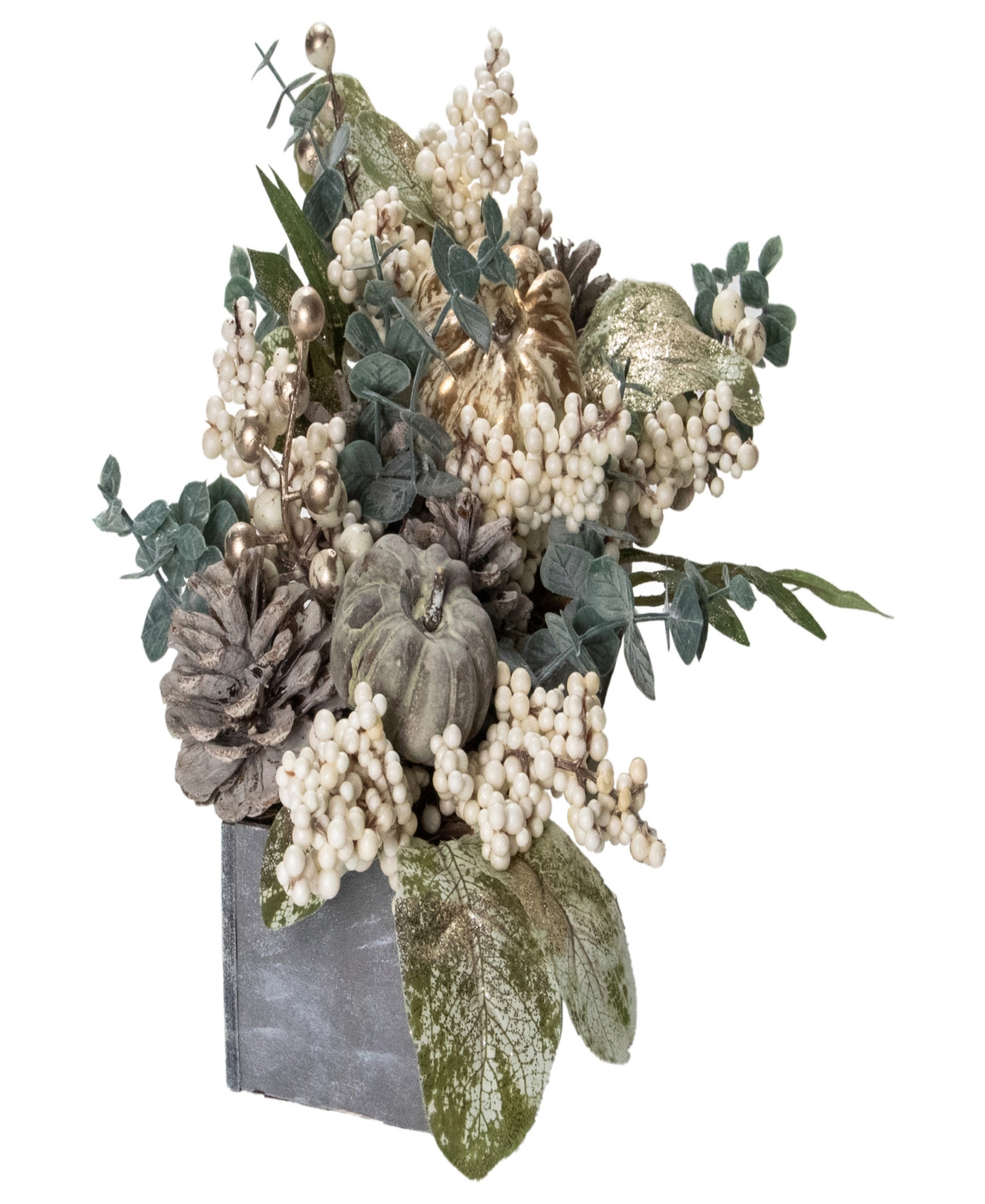 Neutral Colored Pumpkin and Leaves Fall Harvest Floral Arrangement