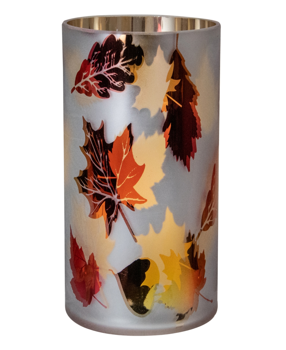 6" Matte White and Gold-Tone Autumn Leaves Flameless Glass Candle Holder - White