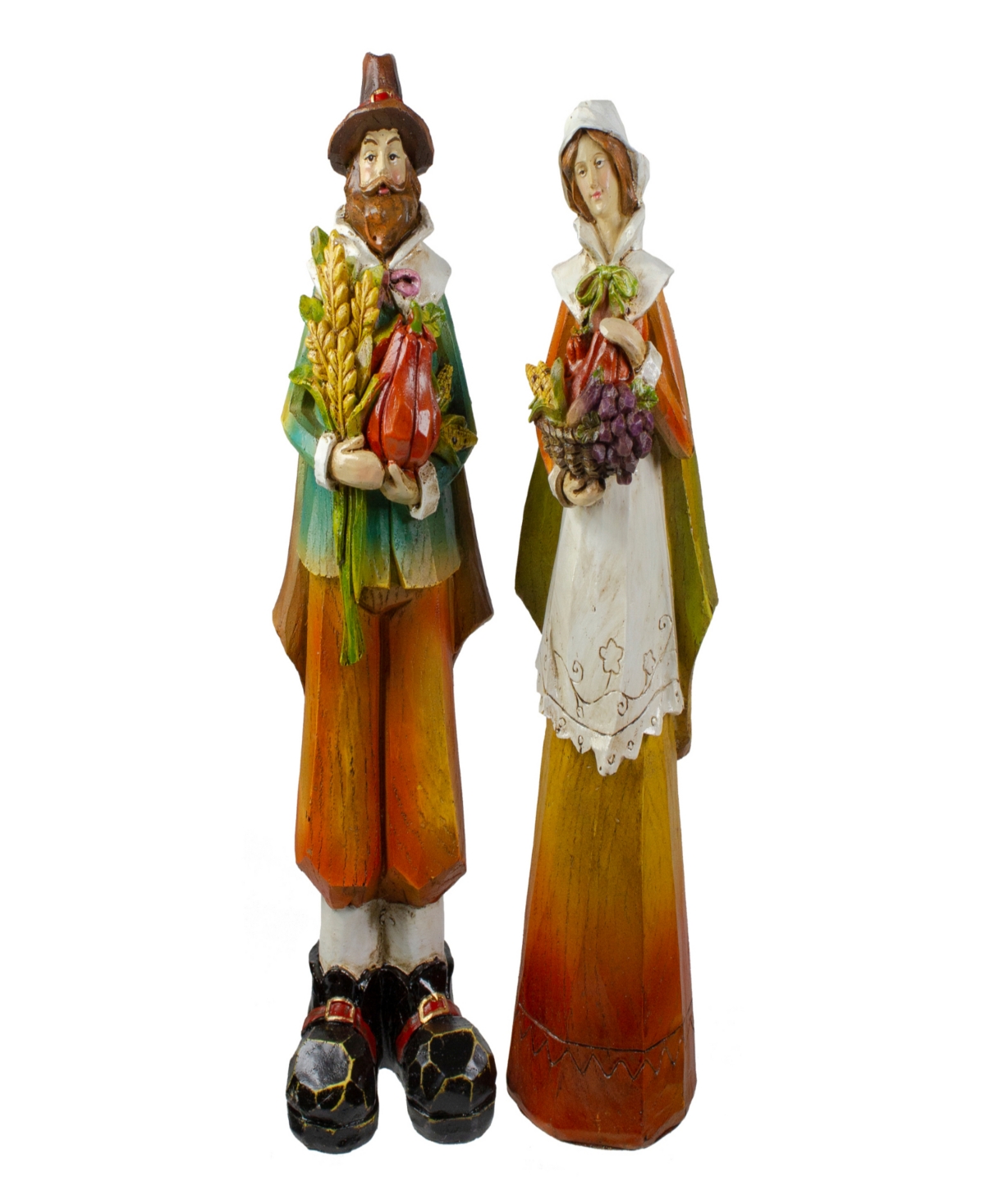 Northlight Set Of 2 Male And Female Pilgrim Wooden Thanksgiving Figurines In Orange