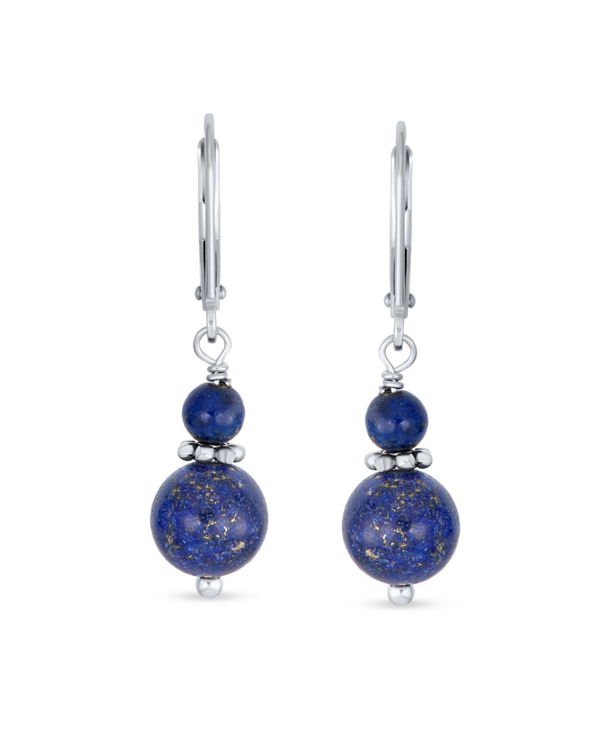 Bling Jewelry Blue Natural Lapis Lazuli Bali Milgrain Edged Beaded Rondel Separator Double Ball Round Drop Dangle Earrings Sterling Silver Lever back