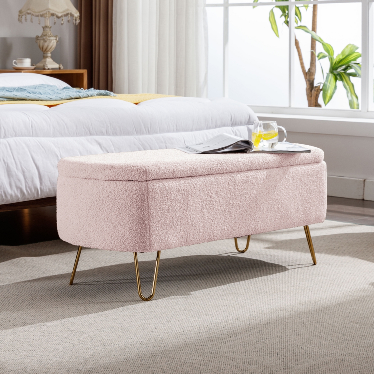 Simplie Fun Pink Storage Ottoman Bench For End Of Bed Gold Legs, Modern Faux Fur Entryway Bench