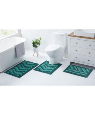 3 Piece Ultra Soft Non Slip Shaggy Bath Rug - Chevron Design - Small, Large & Contour