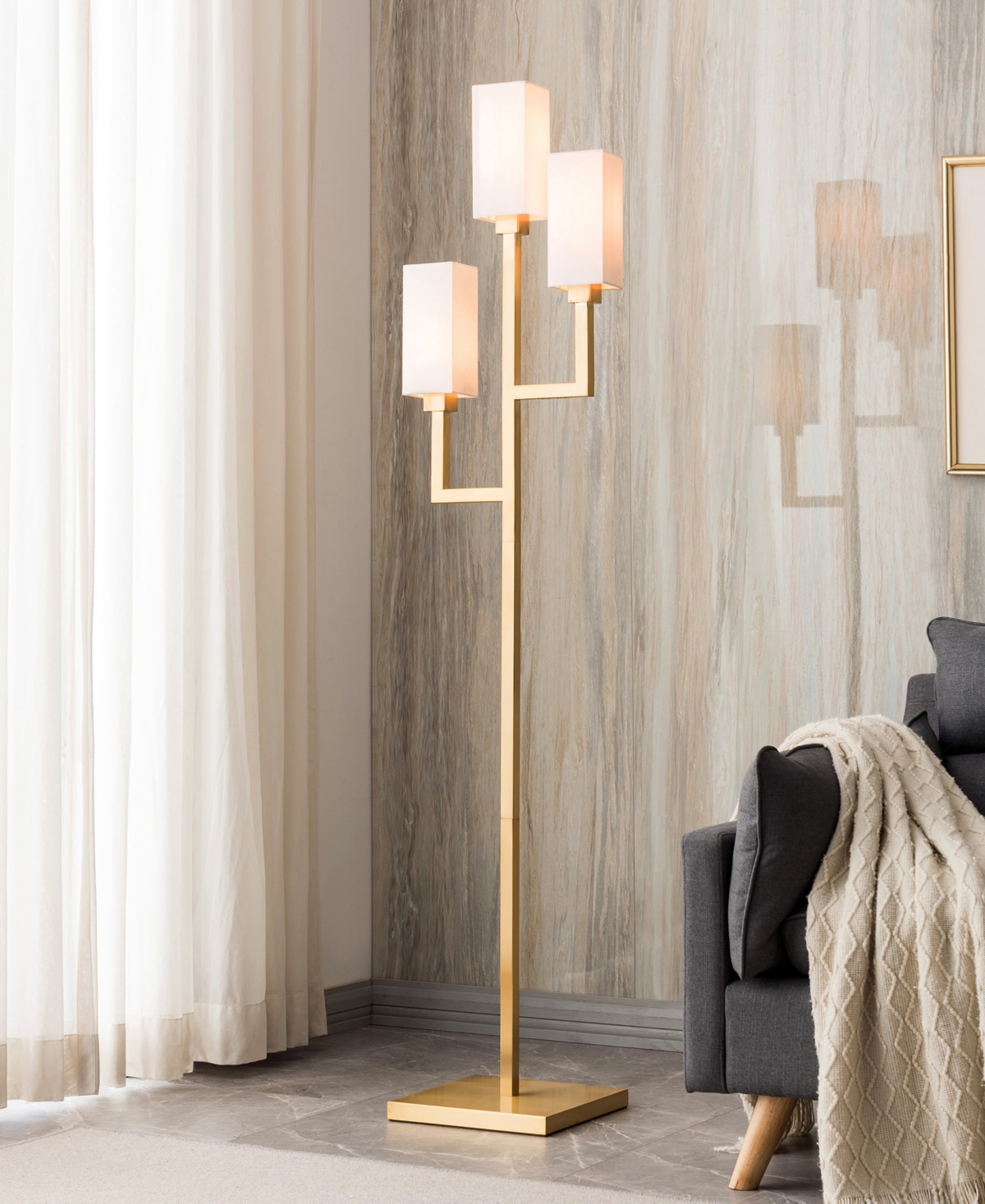 Hudson & Canal Basso Linen Shade 3-Light Torchiere Floor Lamp
