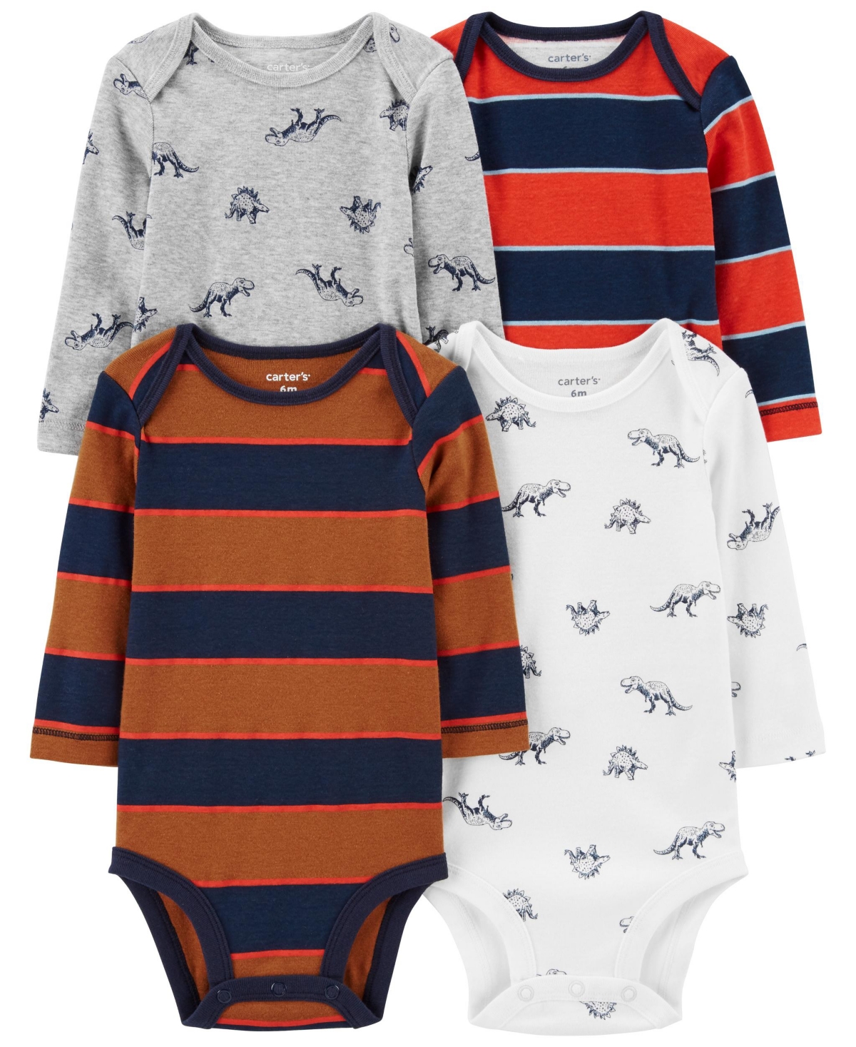Carter's Baby Boys Long Sleeve Bodysuits, Pack Of 4 In Dino,stripes Multi