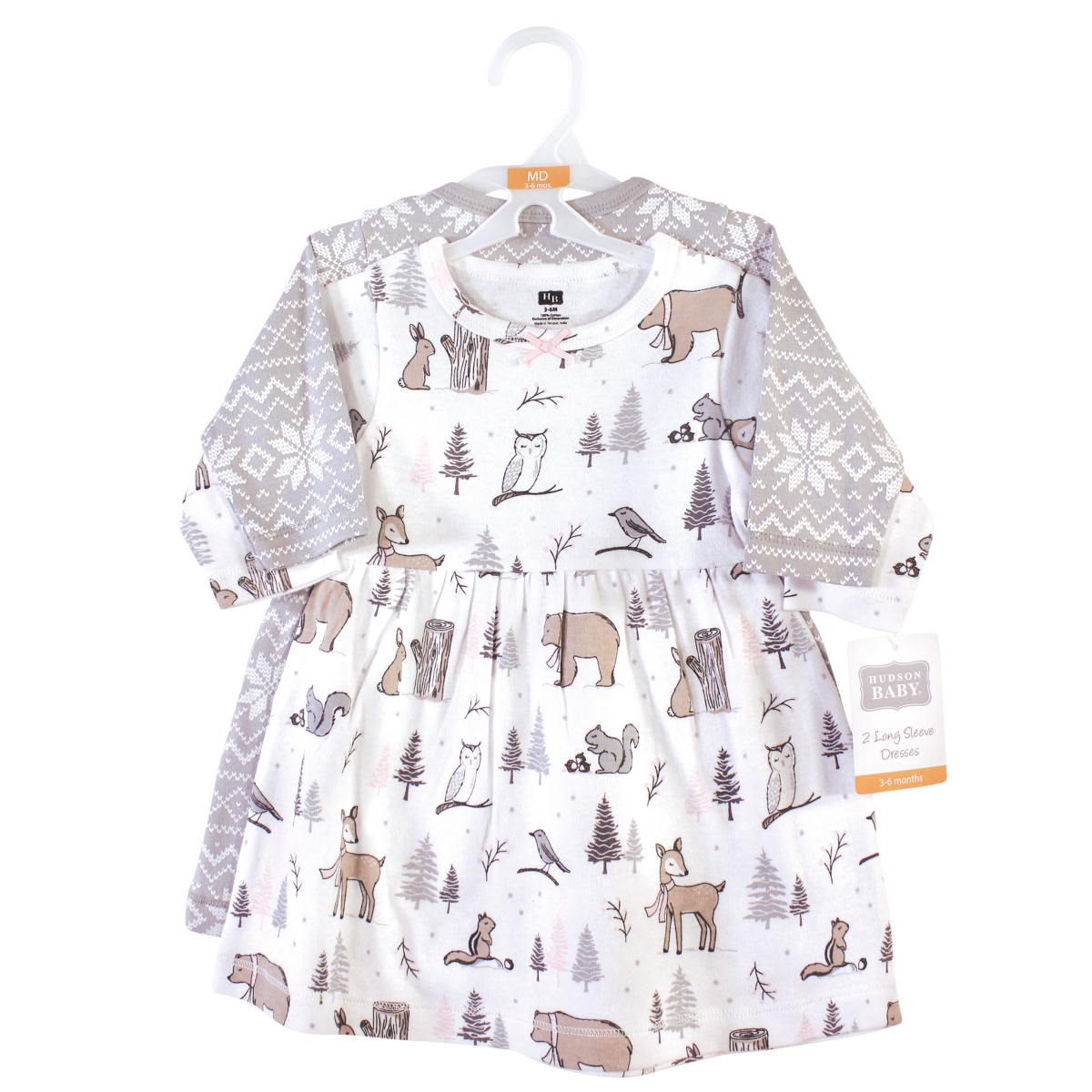 Hudson Baby Baby Girls Cotton Long-Sleeve Dresses 2pk,- Gray winter forest
