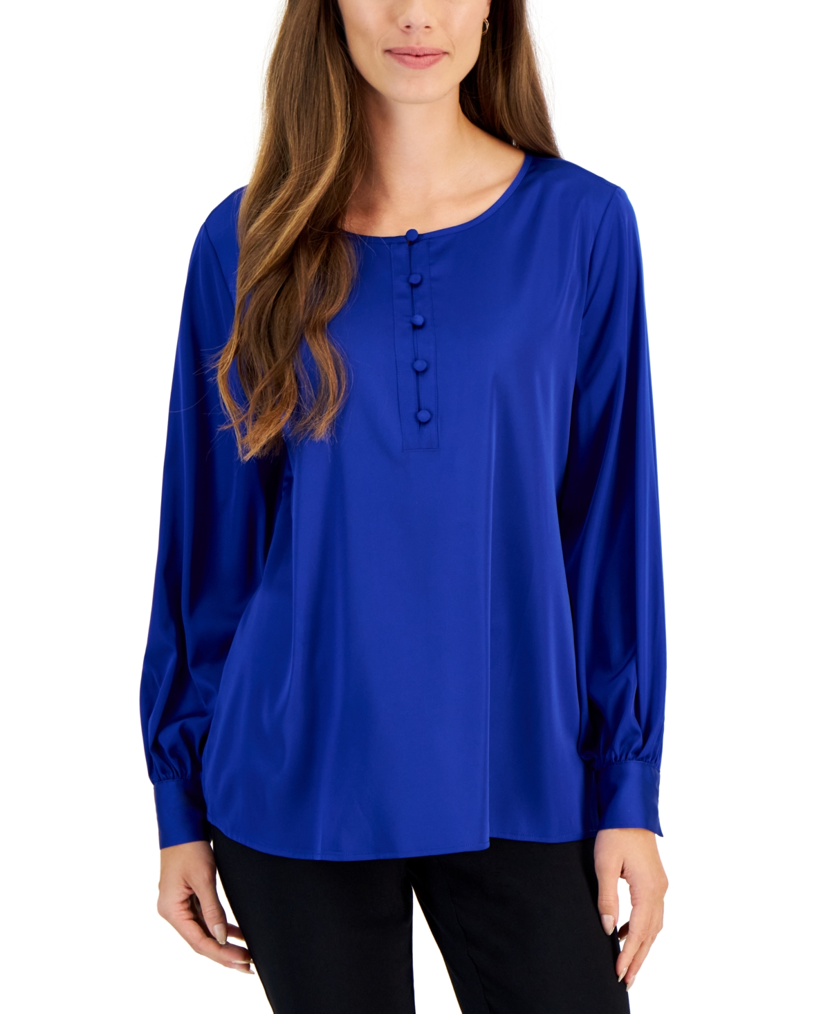 Petite Satin Button-Up Blouse, Created for Macy's - Intrepid Blue