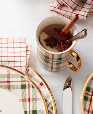 Holiday Plaid Gold-Trimmed Mugs, Set of 4
