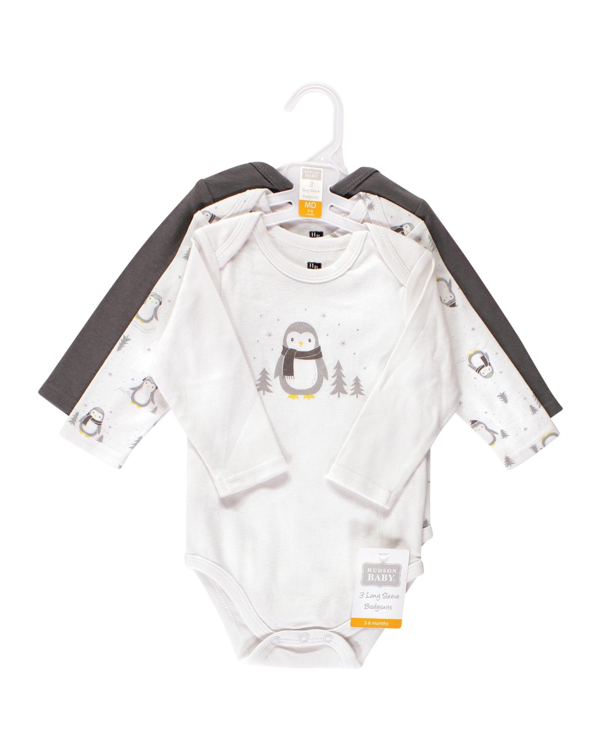 Hudson Baby Baby Unisex Baby Cotton Long-Sleeve Bodysuits, 3-Pack - Gray penguin