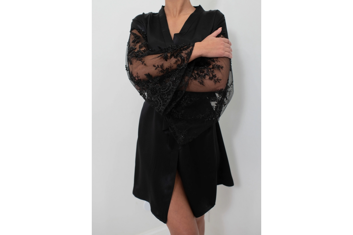 Women's Silk Short Robe - Beaded Wide Sleeve - Silk Collection - Evening black