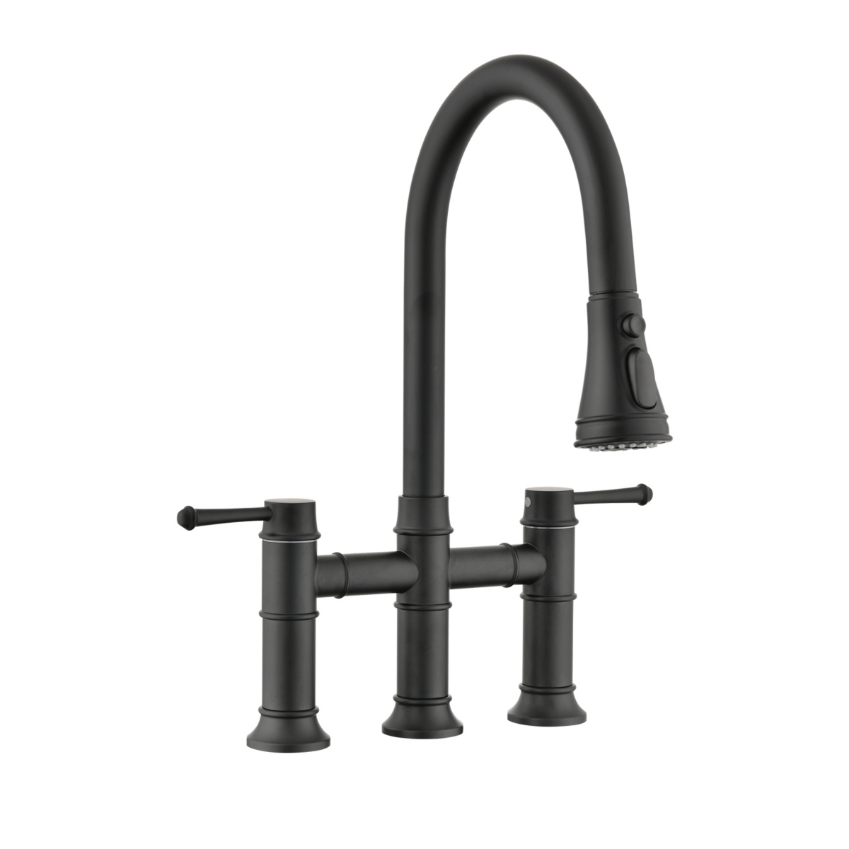 Double Handle Bridge Kitchen Faucet With Pull-Down Spray Head - Matte black