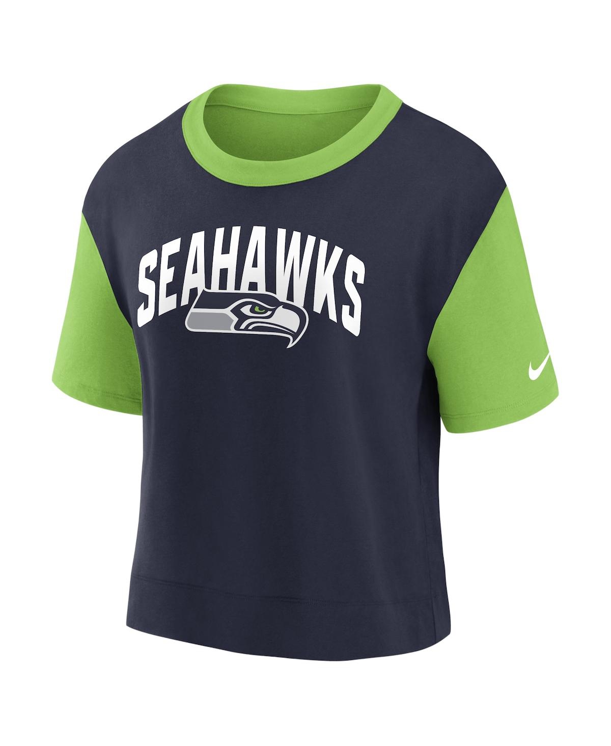 Nike Women's  Neon Green, College Navy Seattle Seahawks High Hip Fashion T-shirt In Neon Green,college Navy