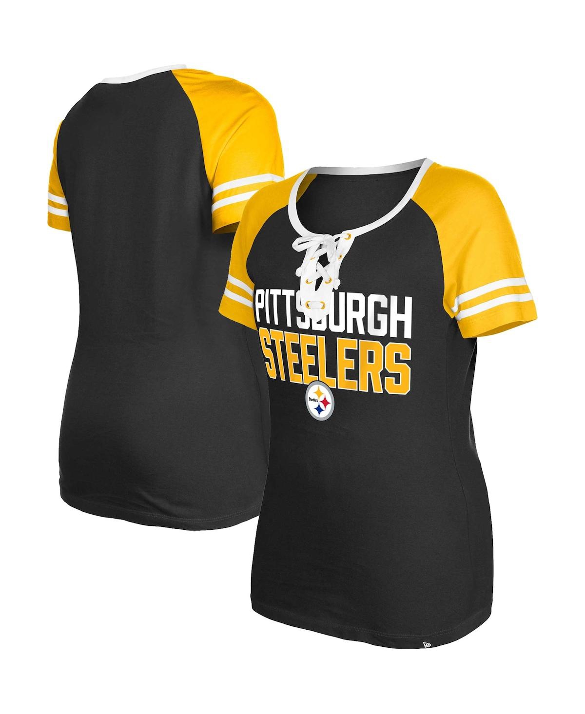 NEW ERA WOMEN'S NEW ERA BLACK PITTSBURGH STEELERS RAGLAN LACE-UP T-SHIRT 