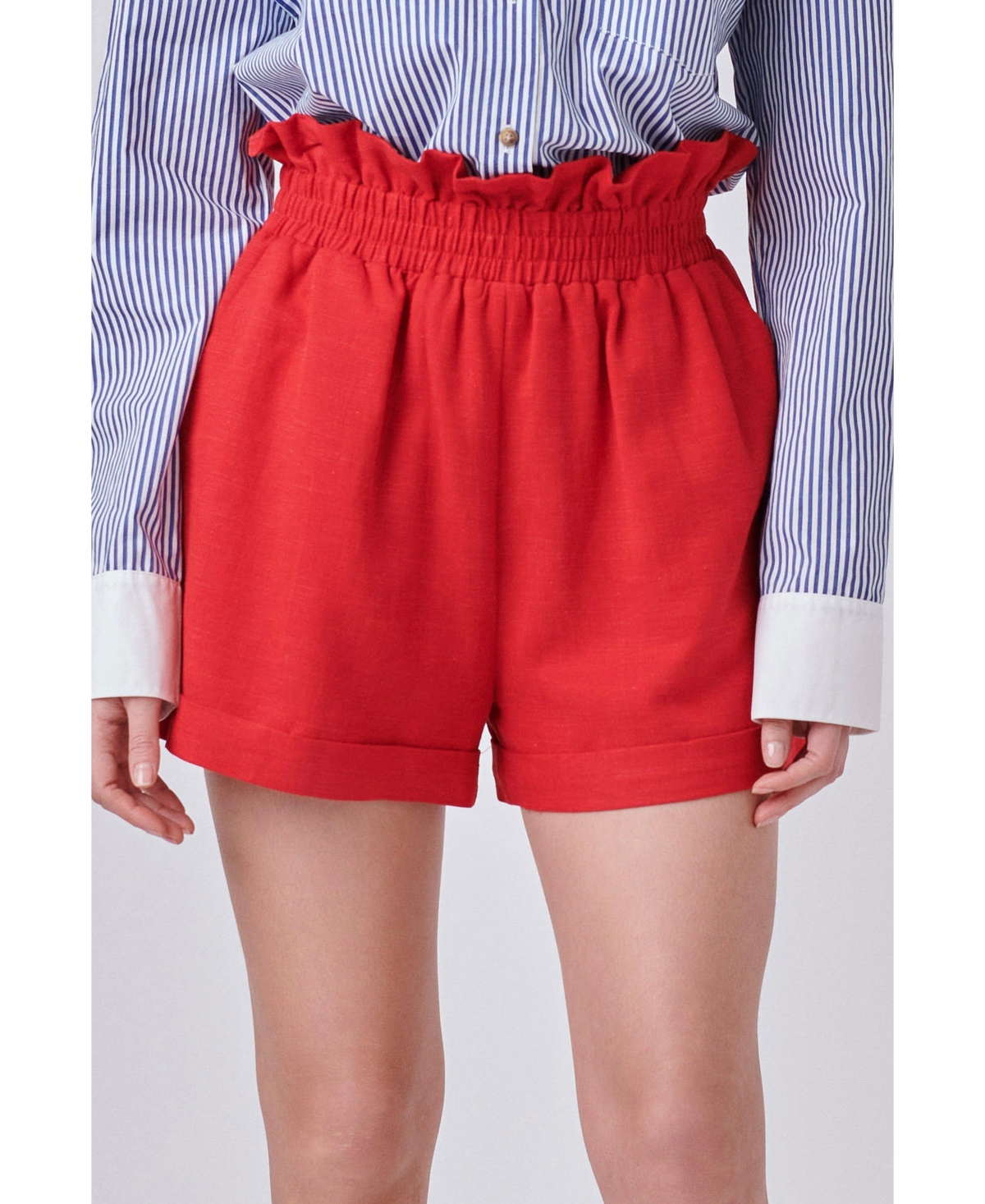 Women's Red Linen Cuffed Shorts - Red