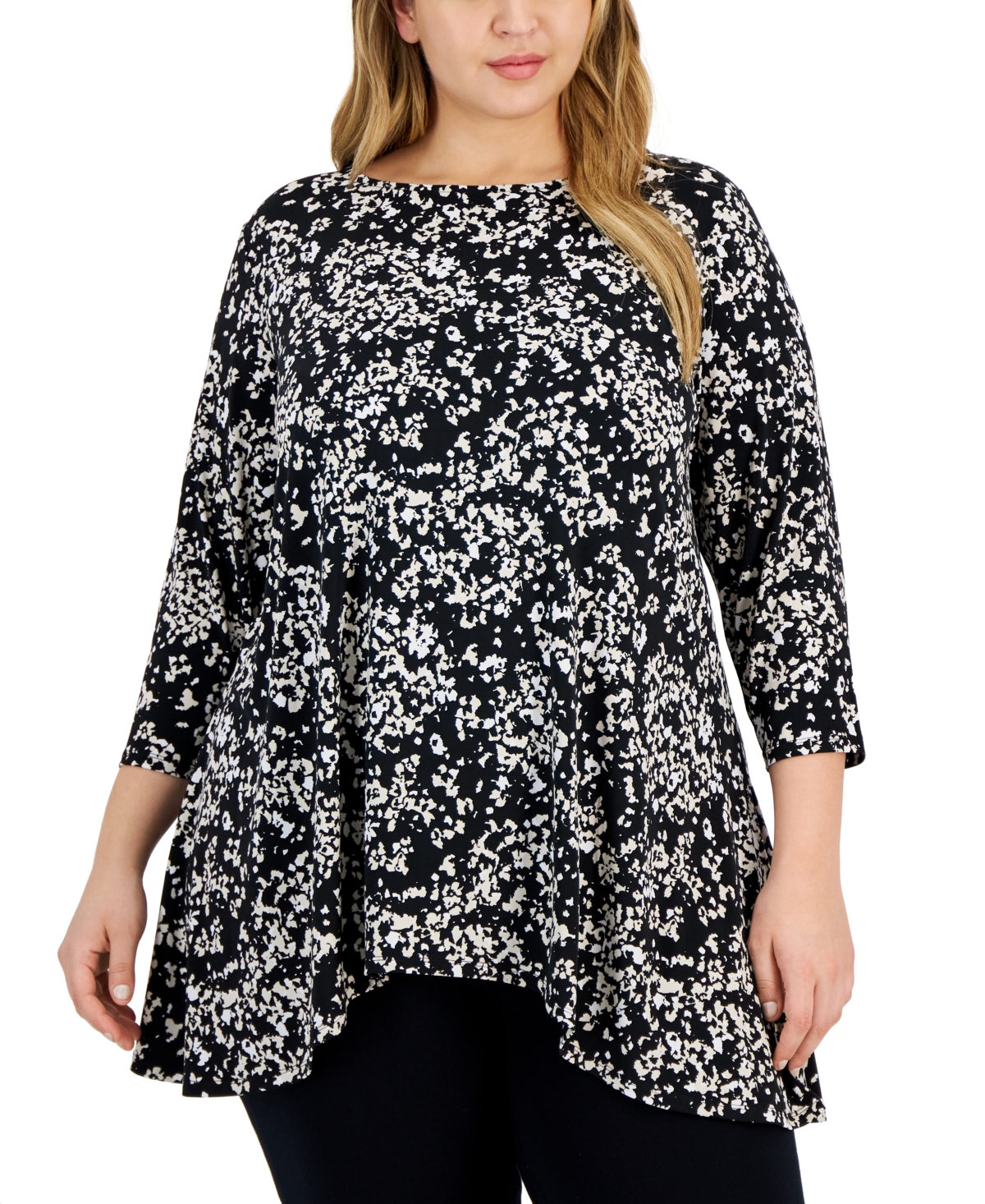 Jm Collection Plus Size Sea Of Petals Swing Top, Created For Macy's In Deep Black