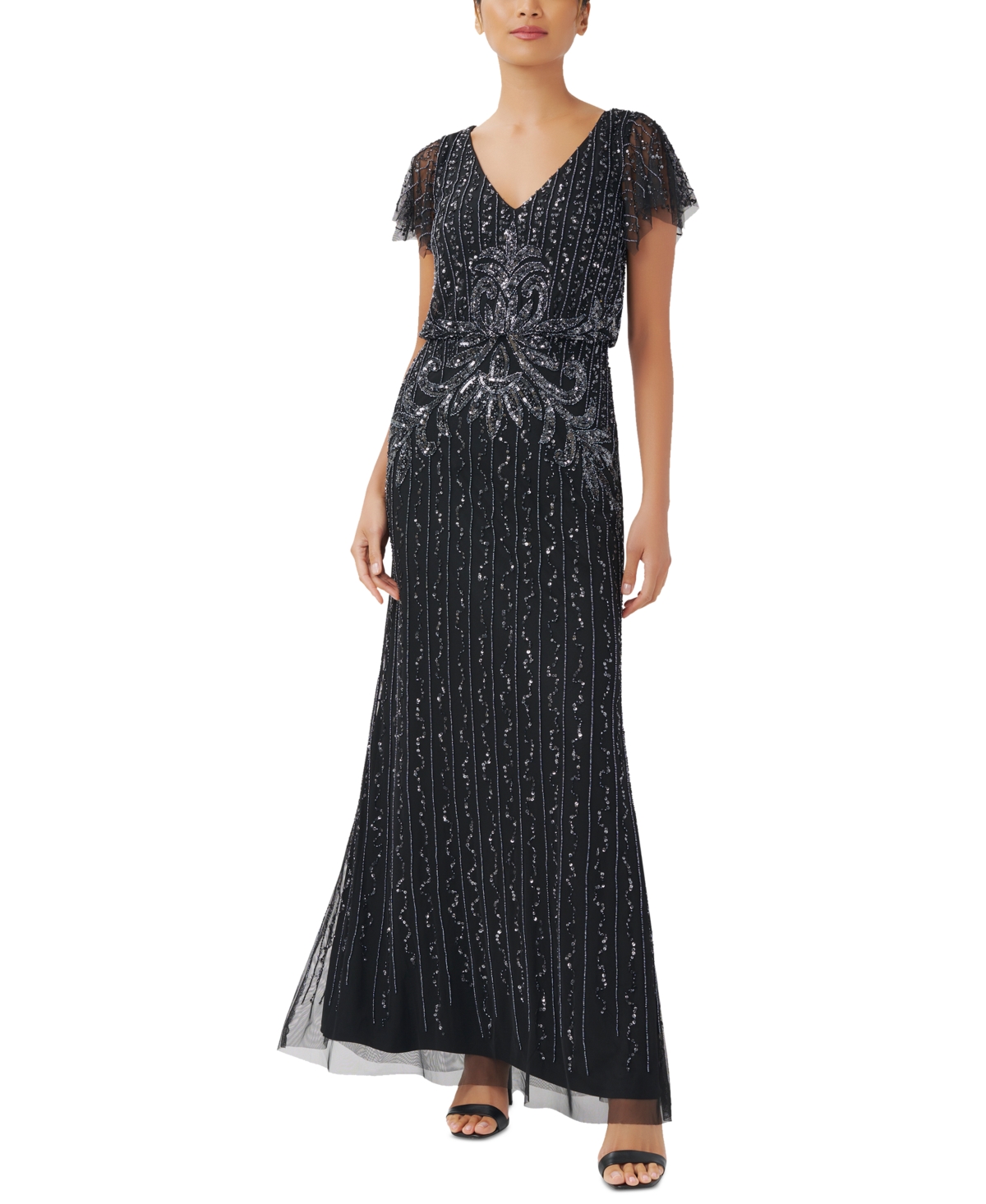 Adrianna Papell Petite Embellished Blouson Flutter-sleeve Gown In Midnight