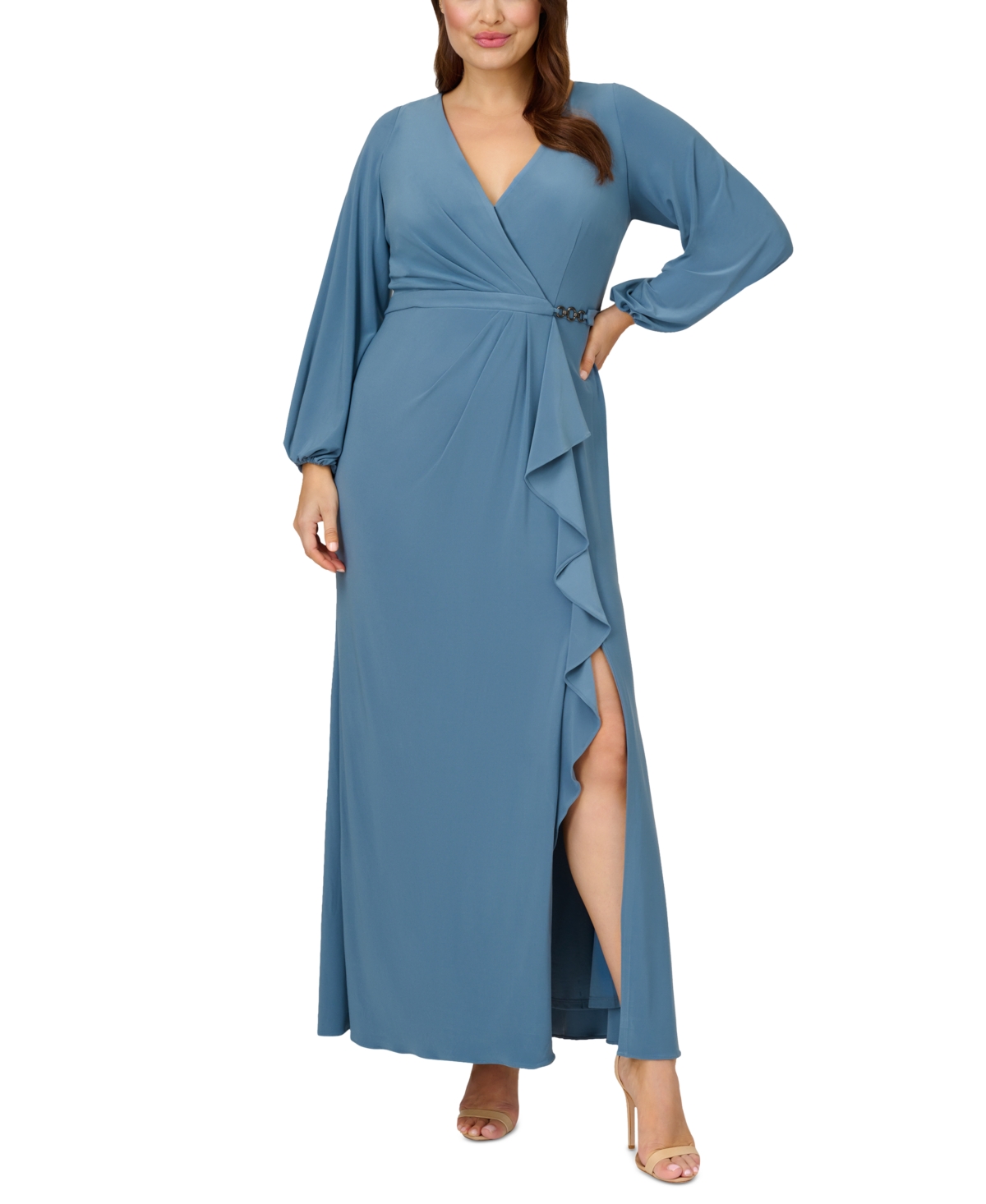 Adrianna Papell Plus Size Jersey Faux-wrap Gown In Bluebird