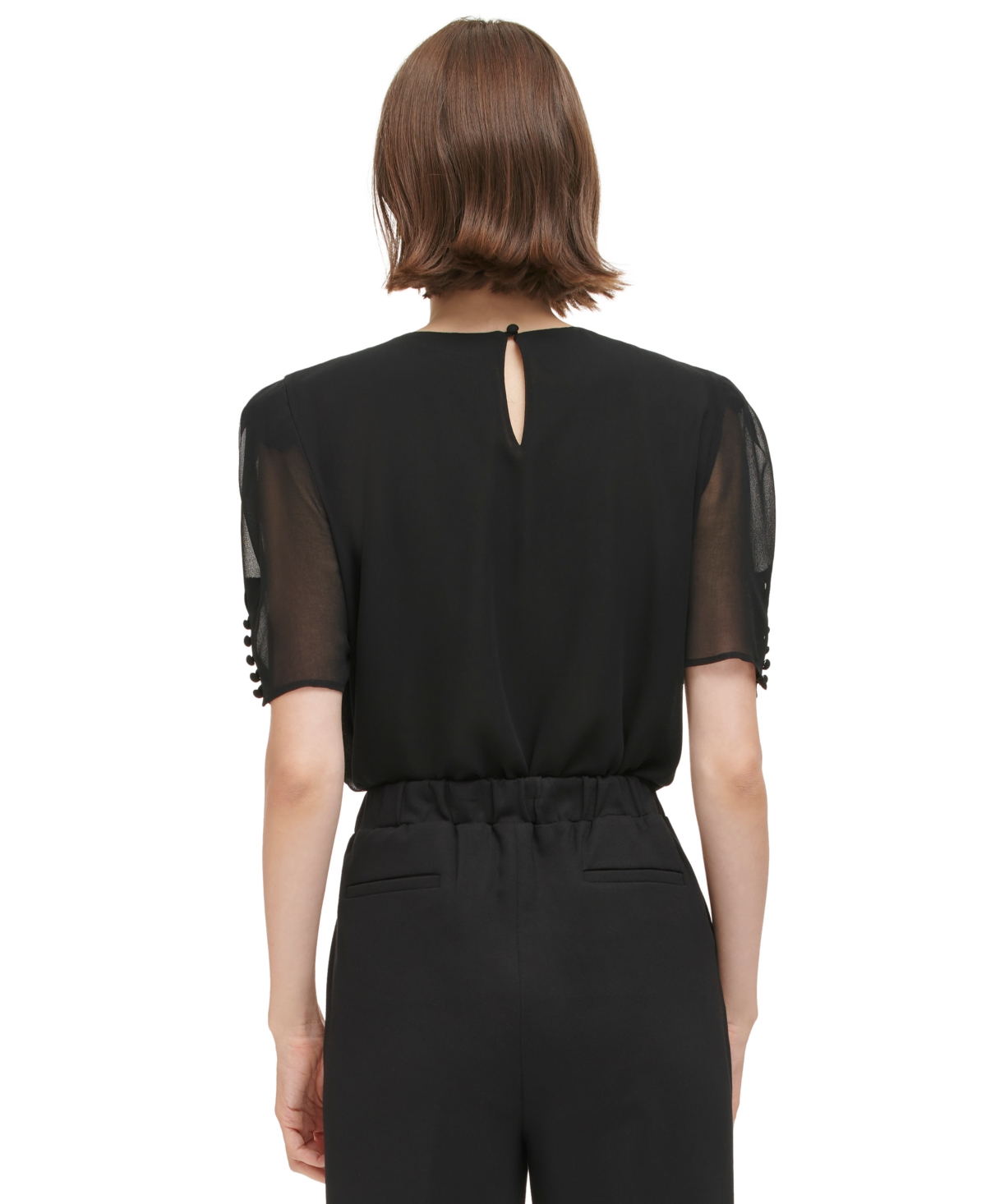 Calvin Klein Womens Sheer Elbow Sleeve Blouse In Black