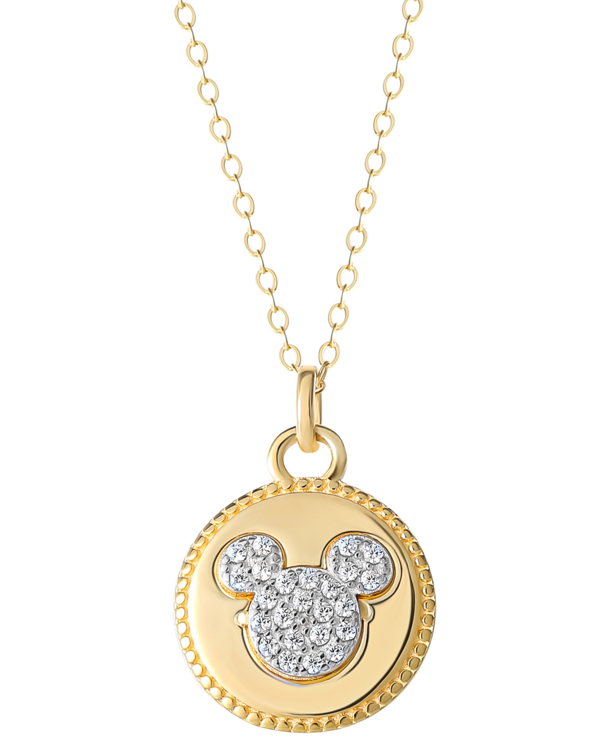Disney Cubic Zirconia Mickey Mouse Disc 18" Pendant Necklace In 18k Gold-plated Sterling Silver In Gold Over Silver