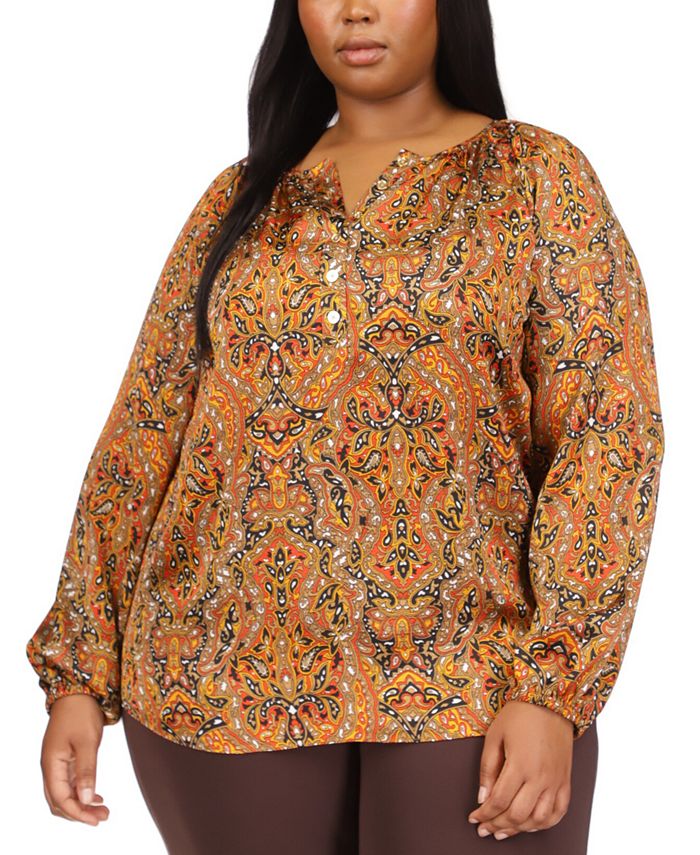 Michael Kors Plus Size Printed Satin Peasant Top Macy's