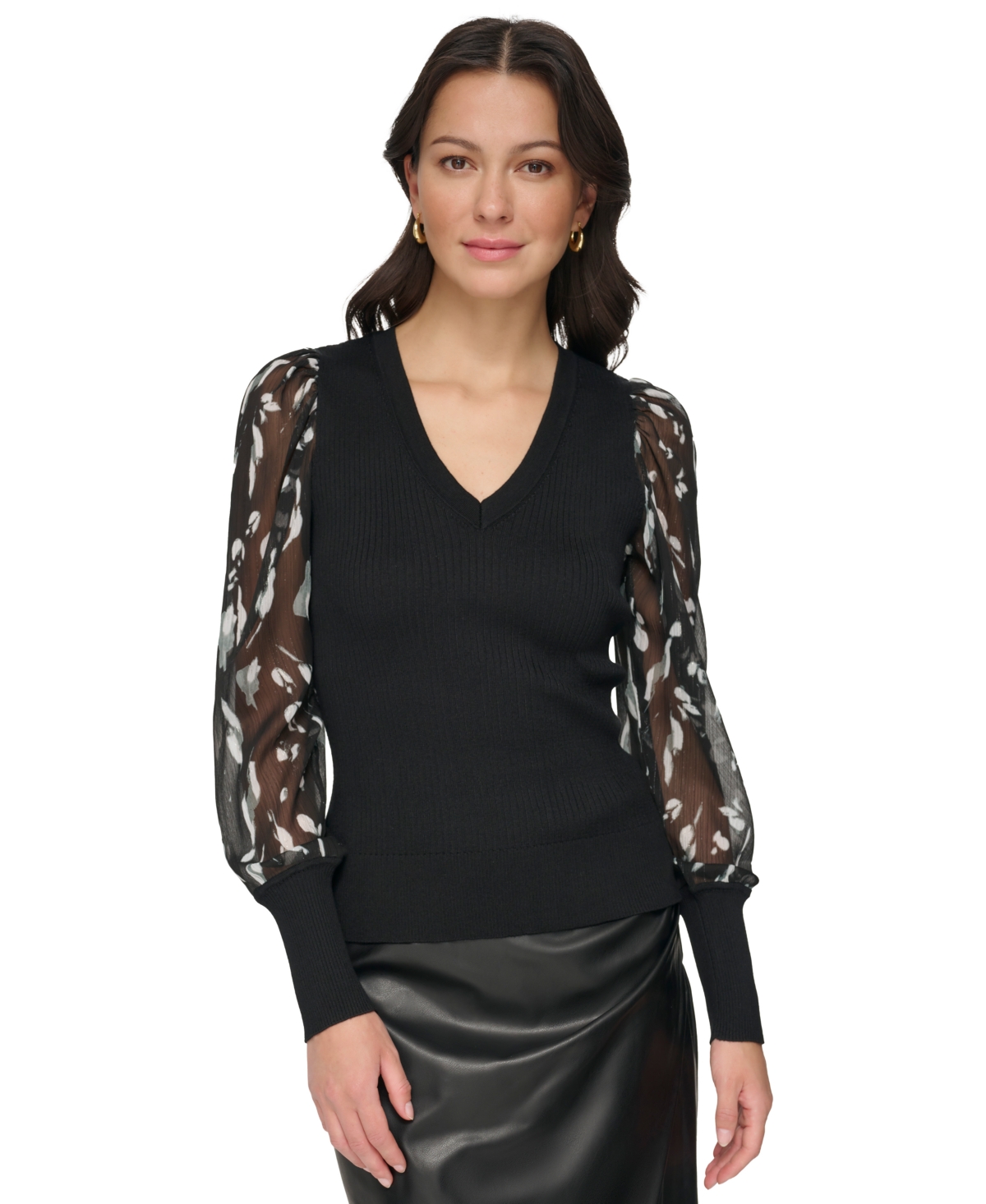 Dkny Women's Chiffon-sleeve V-neck Sweater In Black,black,steel Grey Multi