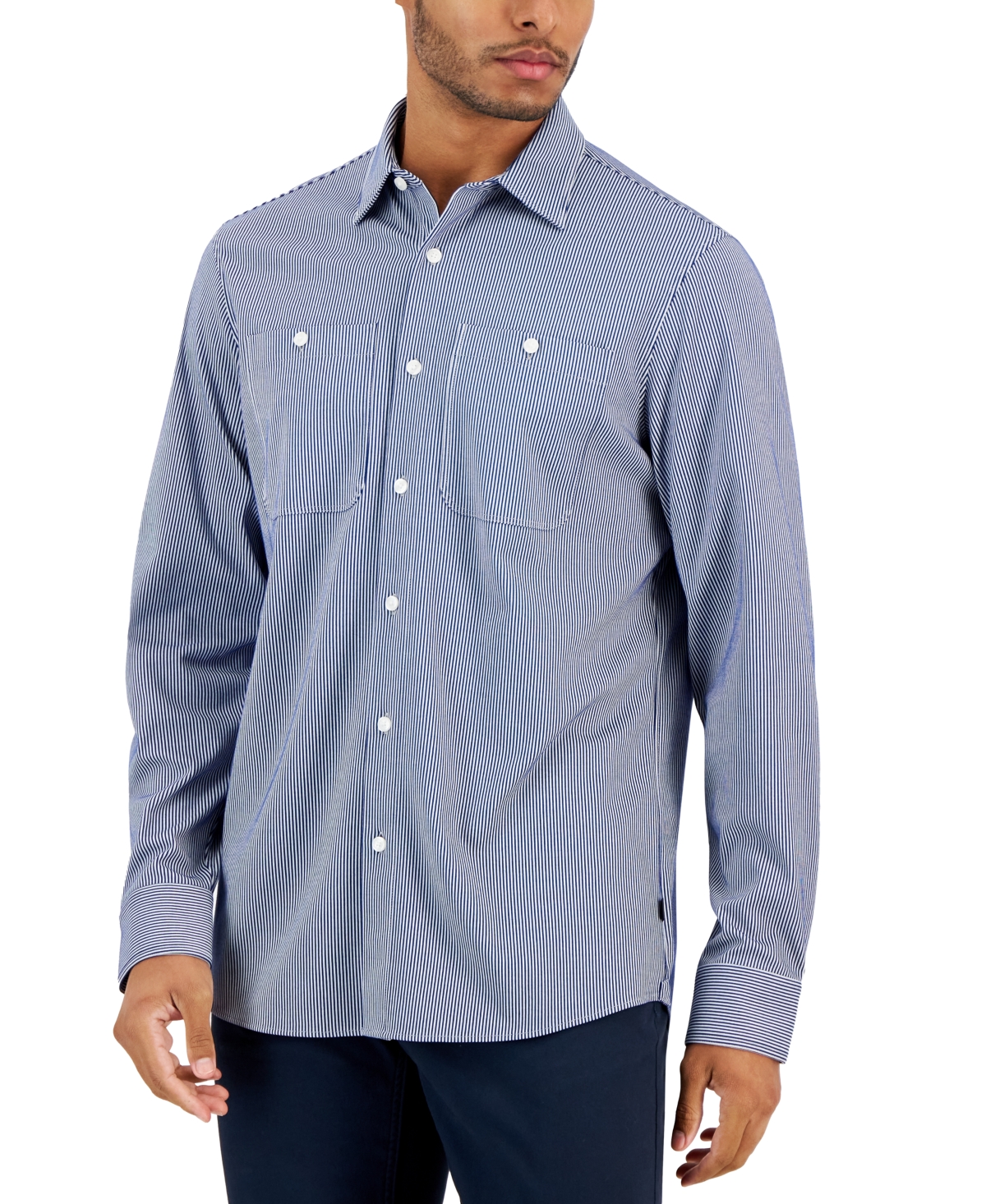 Michael Kors Men's Slim-fit Stretch Stripe Button-down Shirt In True Navy