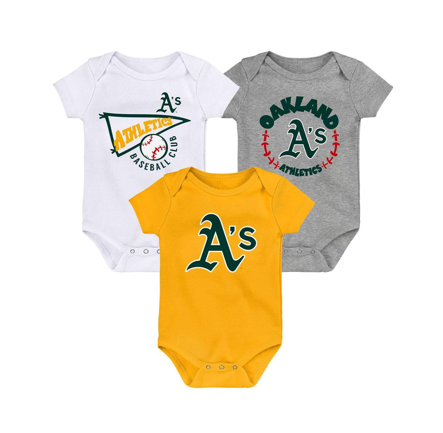 Infant Boys and Girls Gold, White, Heather Gray Oakland Athletics Biggest Little Fan 3-Pack Bodysuit Set