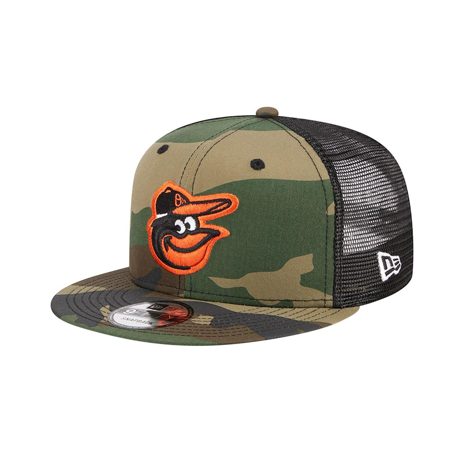 Men's Camo Baltimore Orioles Woodland Camo Trucker 9FIFTY Snapback Hat