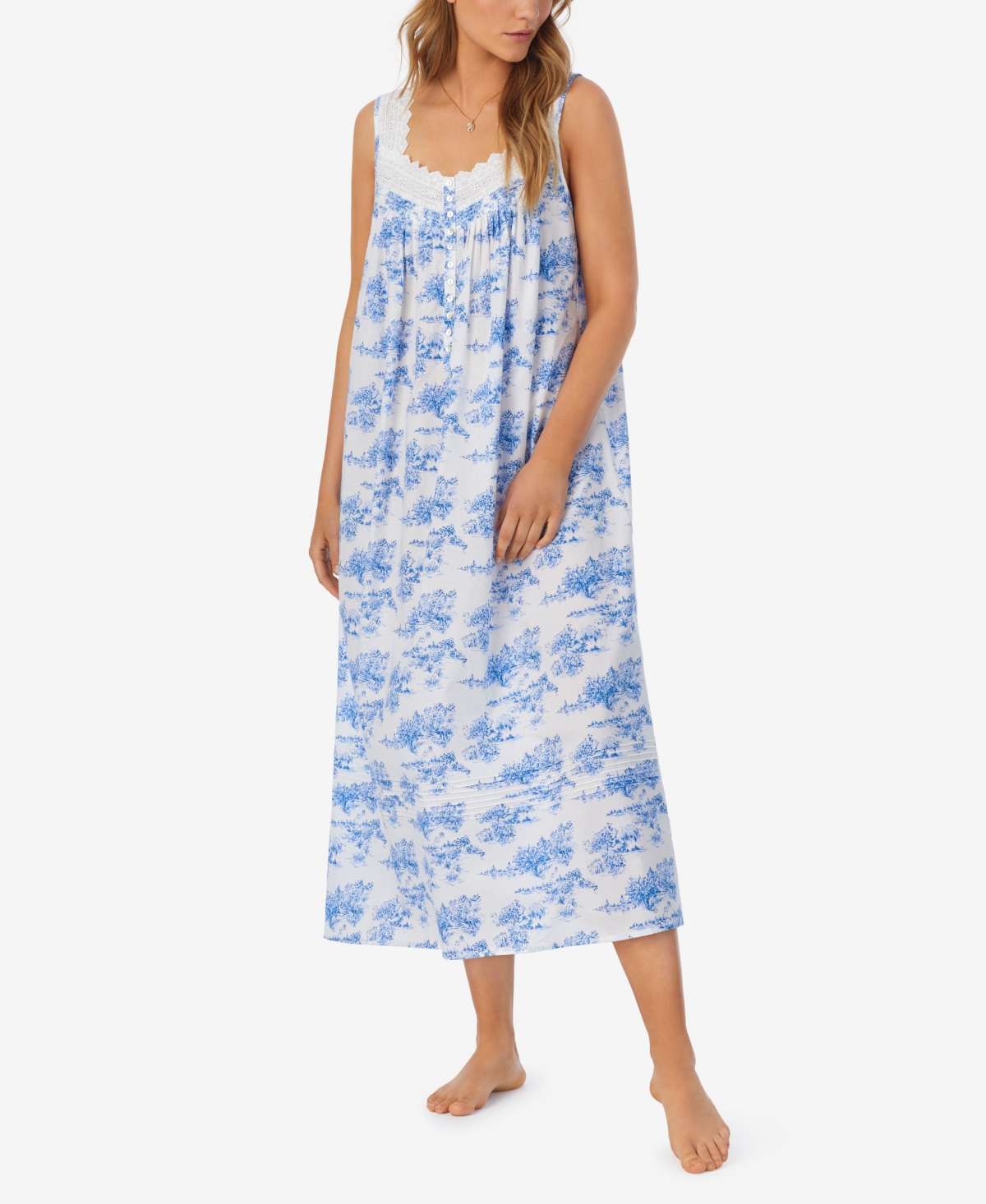 Women's Cotton Lace-Trim Ballet Nightgown - White, Blue Floral Print