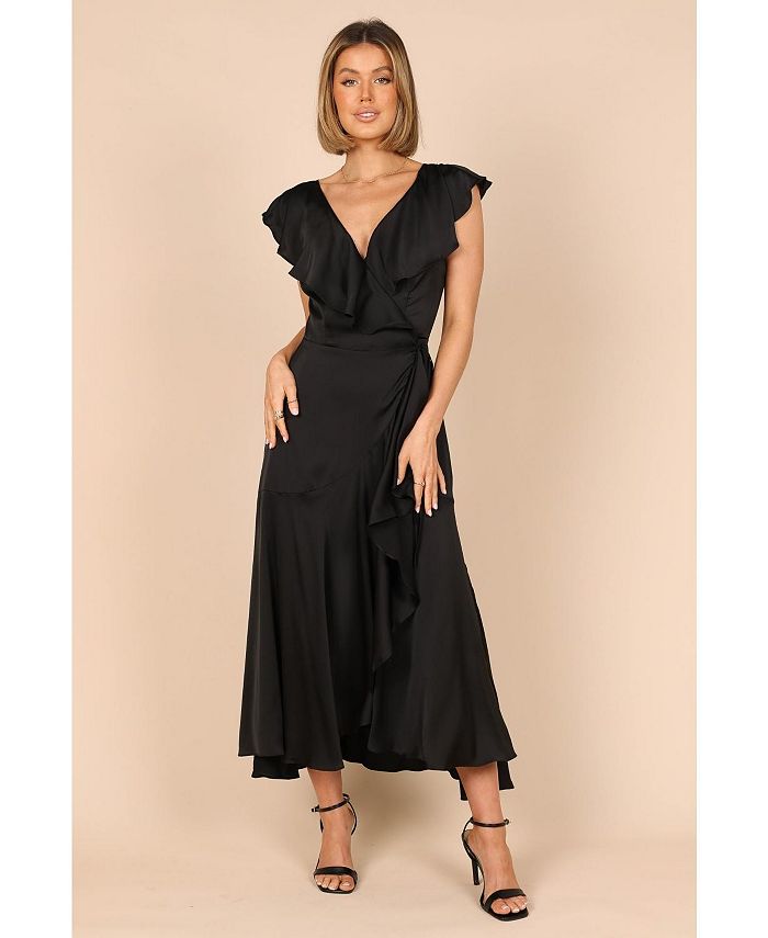 Goddiva Petal Bow Sleeve Frill Maxi Dress - Black