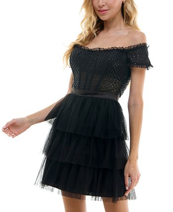 Juniors' Tiered Mesh Off-The-Shoulder Fit & Flare Dress, Created for Macy's