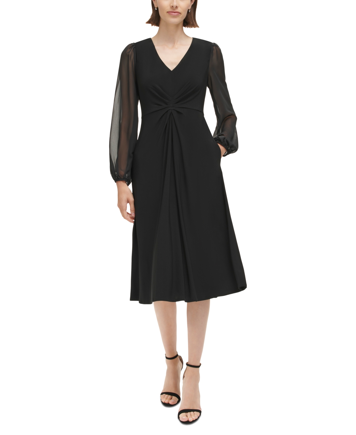 Vintage Evening Dresses, Vintage Formal Dresses Jessica Howard Petite Gathered Blouson-Sleeve Midi Dress - Black $53.99 AT vintagedancer.com