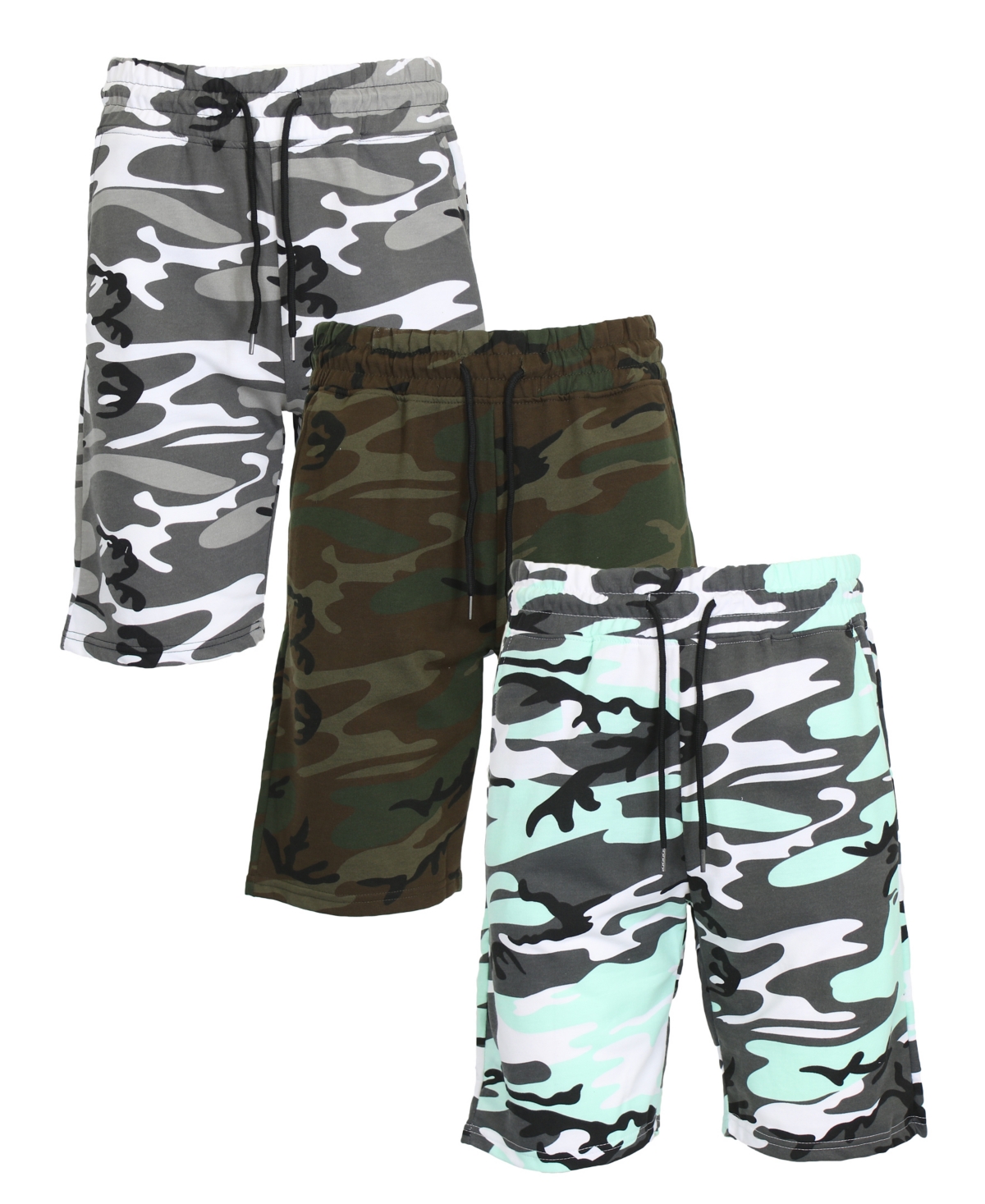 Galaxy By Harvic Men's Camo Printed French Terry Shorts, Pack Of 3 In Woodland Camo-mint Camo-urban Camo