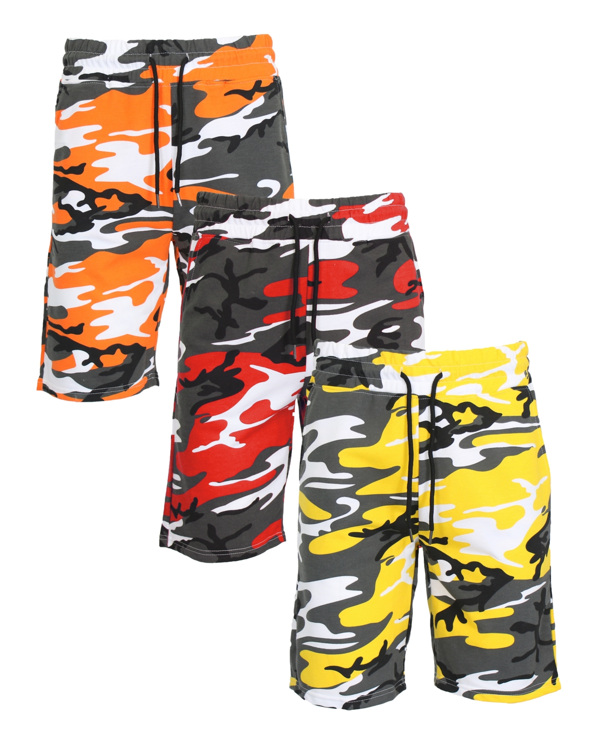 Galaxy By Harvic Men's Camo Printed French Terry Shorts, Pack Of 3 In Orange Camo-yellow Camo-red Camo