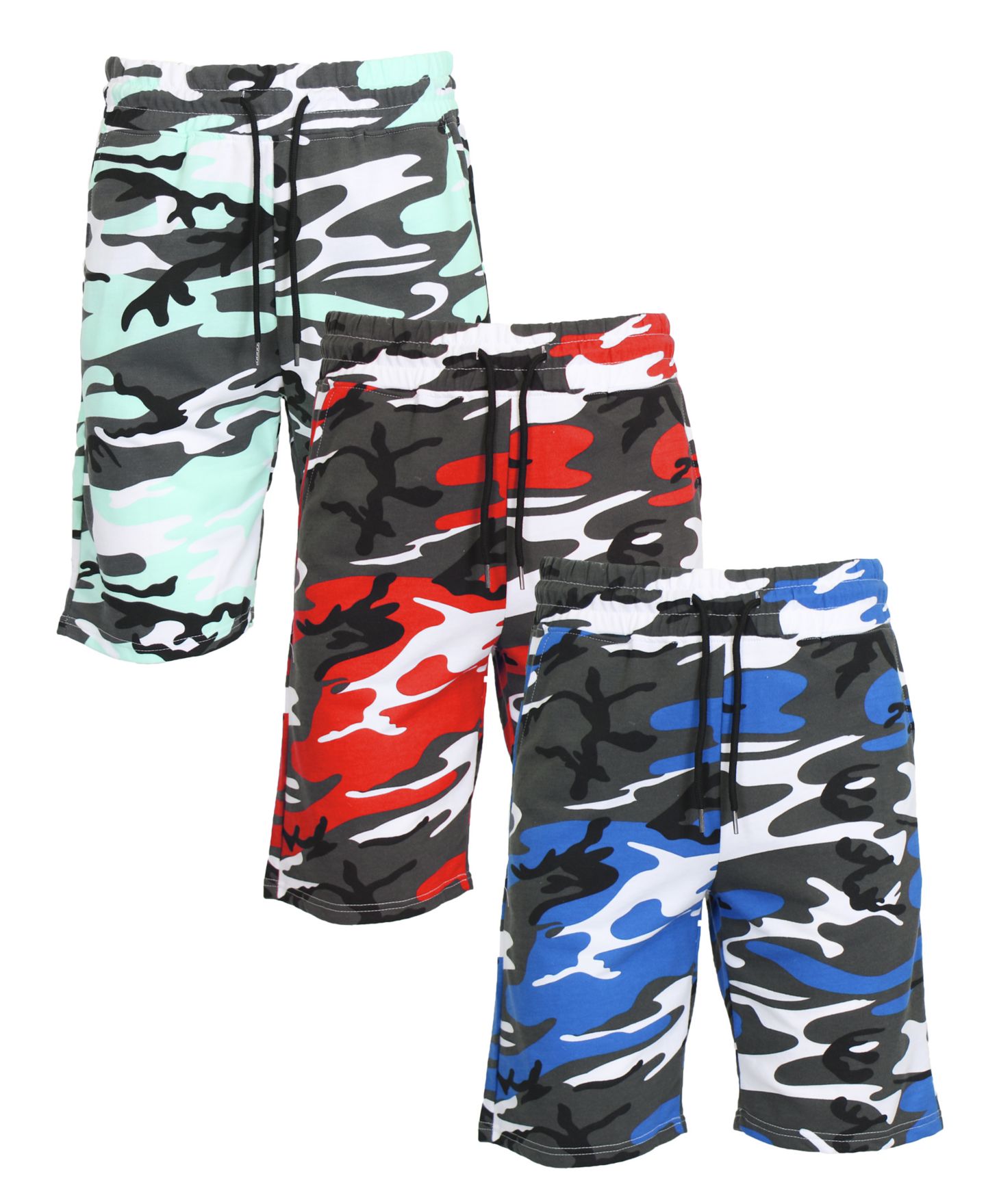 Мужские шорты Galaxy By Harvic Camo Printed French Terry Shorts, Pack of 3, цвет: Мятный камуфляжный красный камуфляжный королевский синий камуфляжный — фото 1