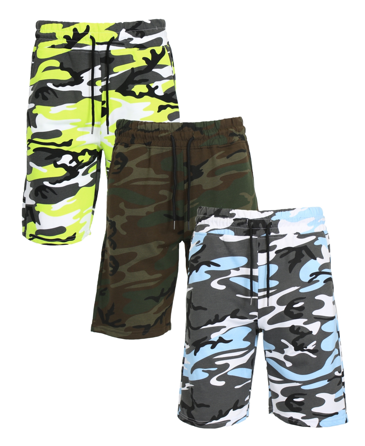 Galaxy By Harvic Men's Camo Printed French Terry Shorts, Pack Of 3 In Neon Green Camo-woodland Camo-light Blue