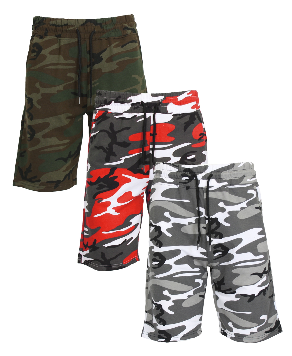 Galaxy By Harvic Men's Camo Printed French Terry Shorts, Pack Of 3 In Woodland Camo-red Camo-urban Camo