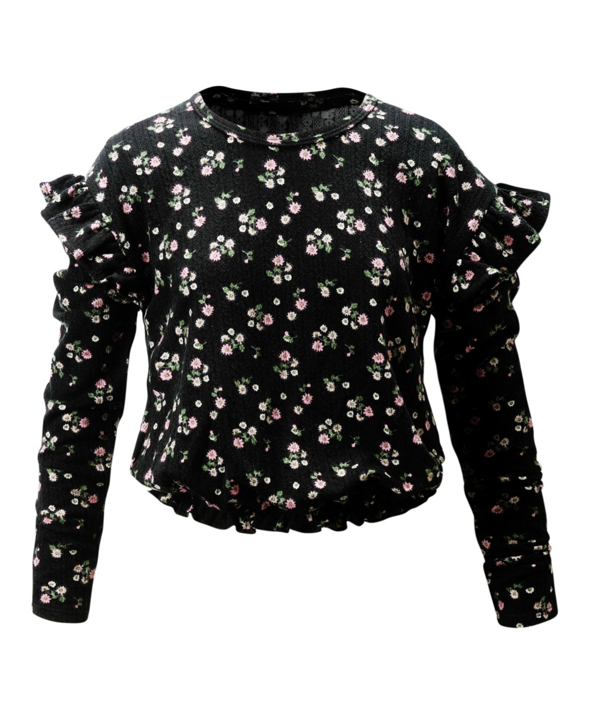 Colette Lilly Big Girls Ruffled Textured Long Sleeve Top In Black Floral