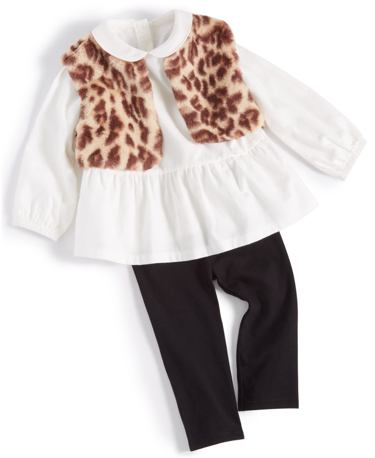 First Impressions Baby Girls Faux Fur Leopard Vest, Collared Top And Pants, 3 Piece Set, Created For Macy's In Angel Whit