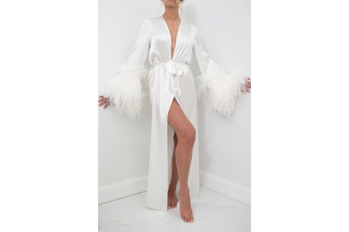 Women's Silk Long Robe - Double Ostrich Feather Sleeve Trim - Silk Collection - Dove white